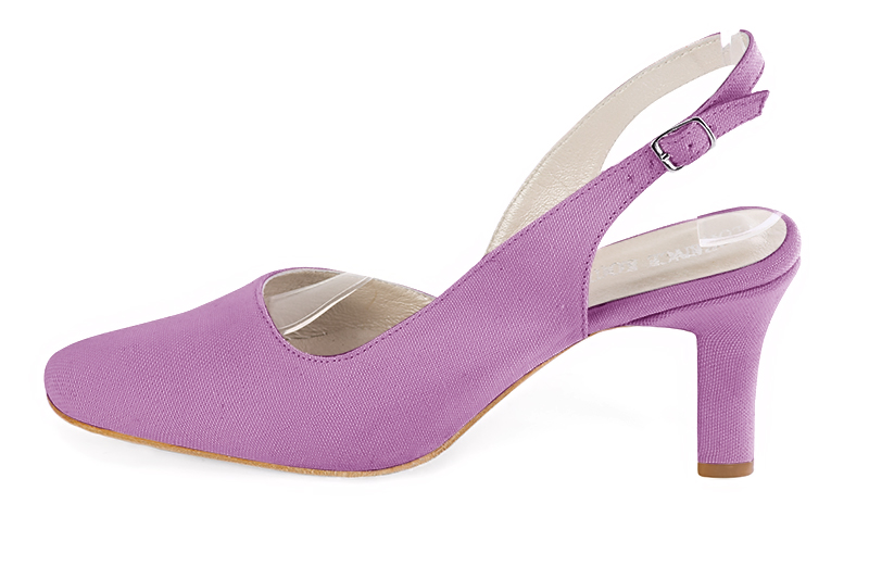 Mauve purple women's slingback shoes. Round toe. High kitten heels. Profile view - Florence KOOIJMAN